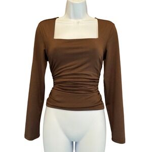 Ruched Square Neck Top L Envie Brown Long Sleeve Fitted Y2K Bratz Neutral Earthy